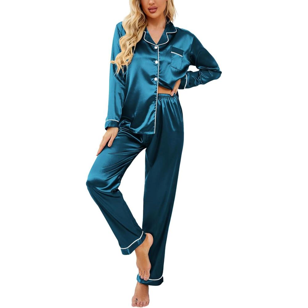 imageEkouaer Womens Classic Button Down Long Satin Silk Pajama SetPeacock Blue