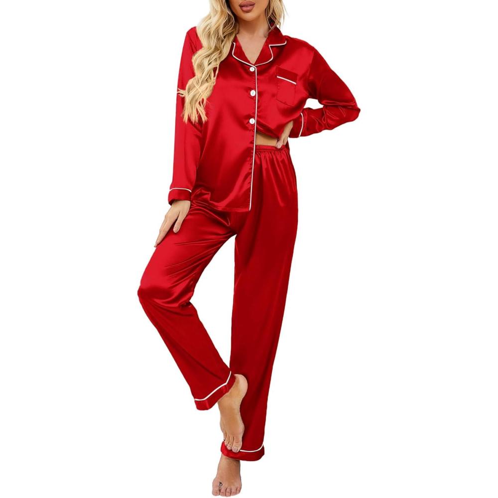 imageEkouaer Womens Classic Button Down Long Satin Silk Pajama SetRed
