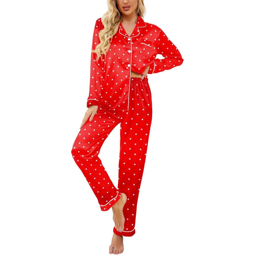 imageEkouaer Womens Classic Button Down Long Satin Silk Pajama SetRed Heart