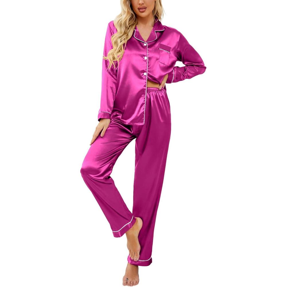 imageEkouaer Womens Classic Button Down Long Satin Silk Pajama SetRose