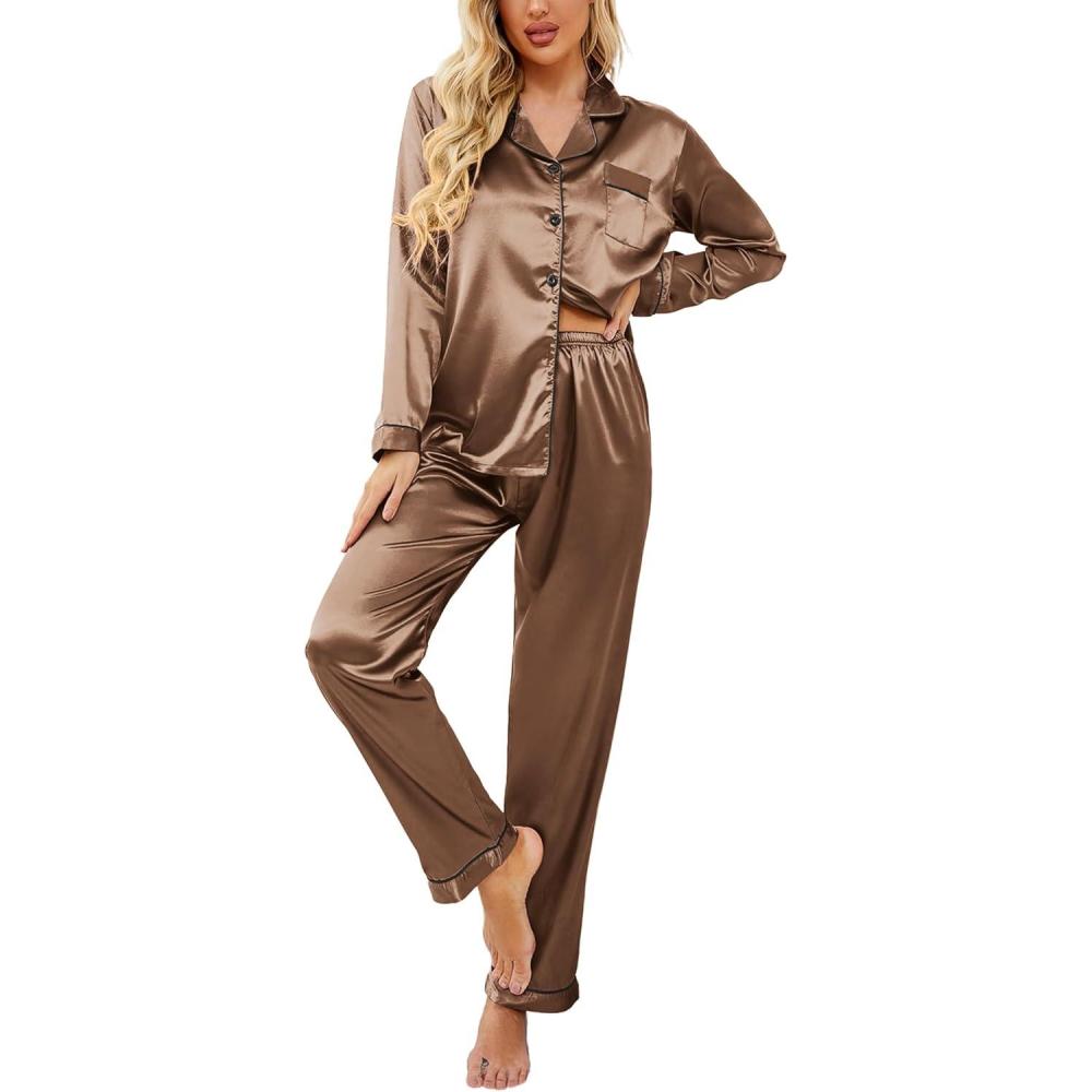 imageEkouaer Womens Classic Button Down Long Satin Silk Pajama SetSaddle Brown