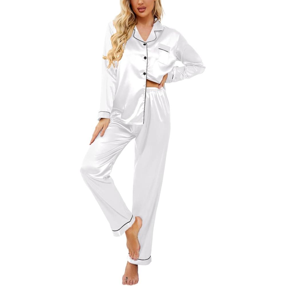 imageEkouaer Womens Classic Button Down Long Satin Silk Pajama SetWhite