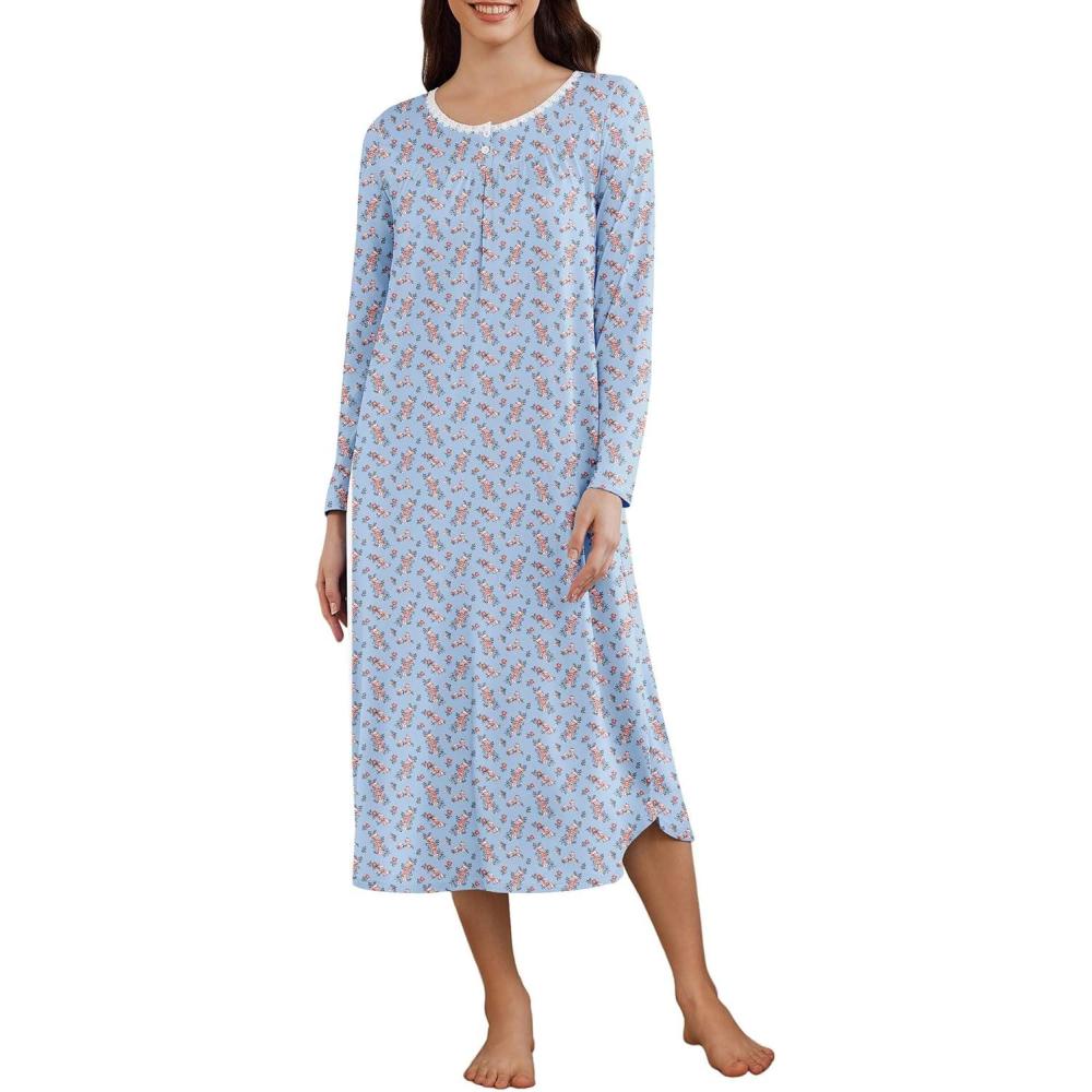 imageEkouaer Womens Long Sleeve Nightgown Long Sleepshirt Henley Nightgowns Full Length Sleep Dress with Pockets S3XLBlue Floral