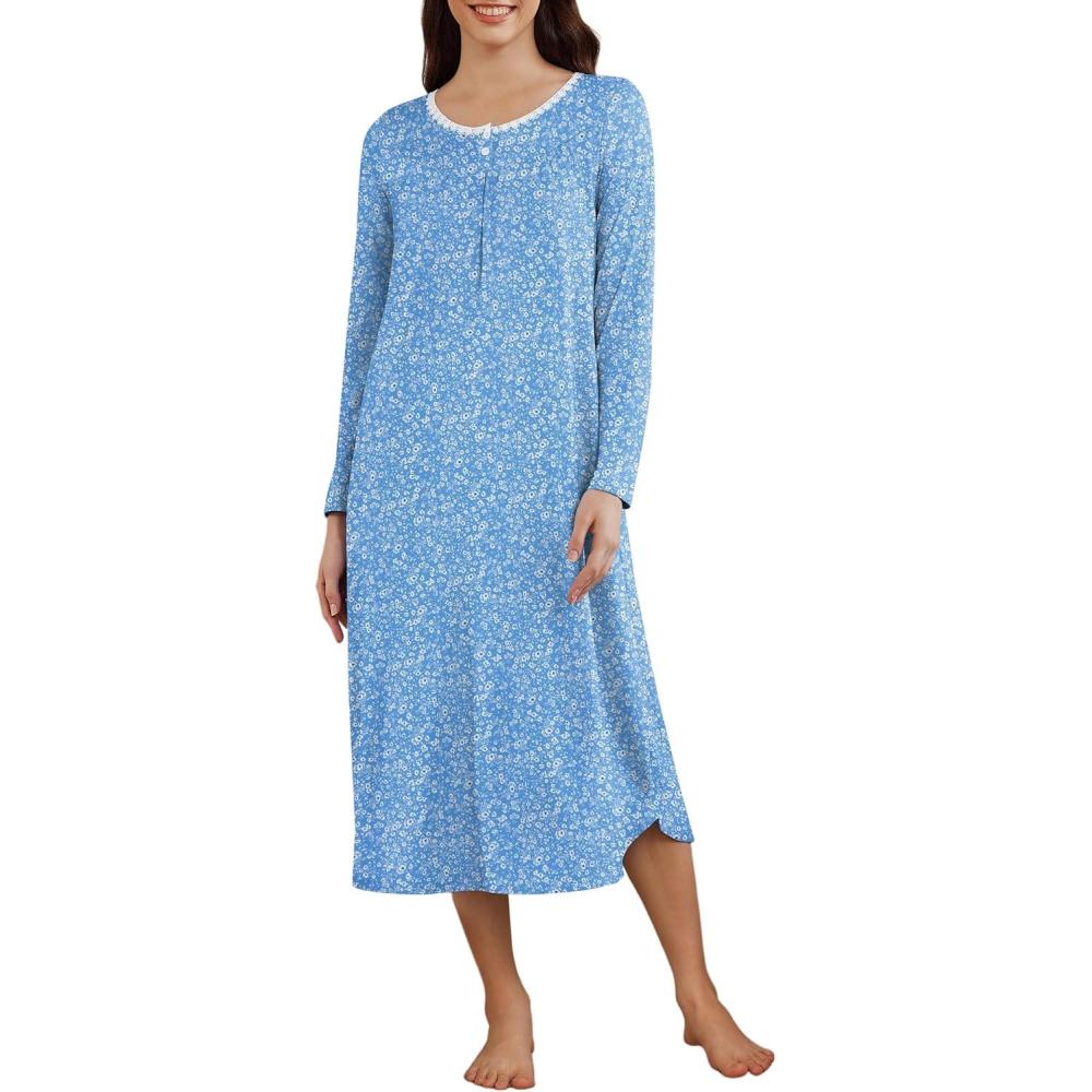 imageEkouaer Womens Long Sleeve Nightgown Long Sleepshirt Henley Nightgowns Full Length Sleep Dress with Pockets S3XLBlue Flower