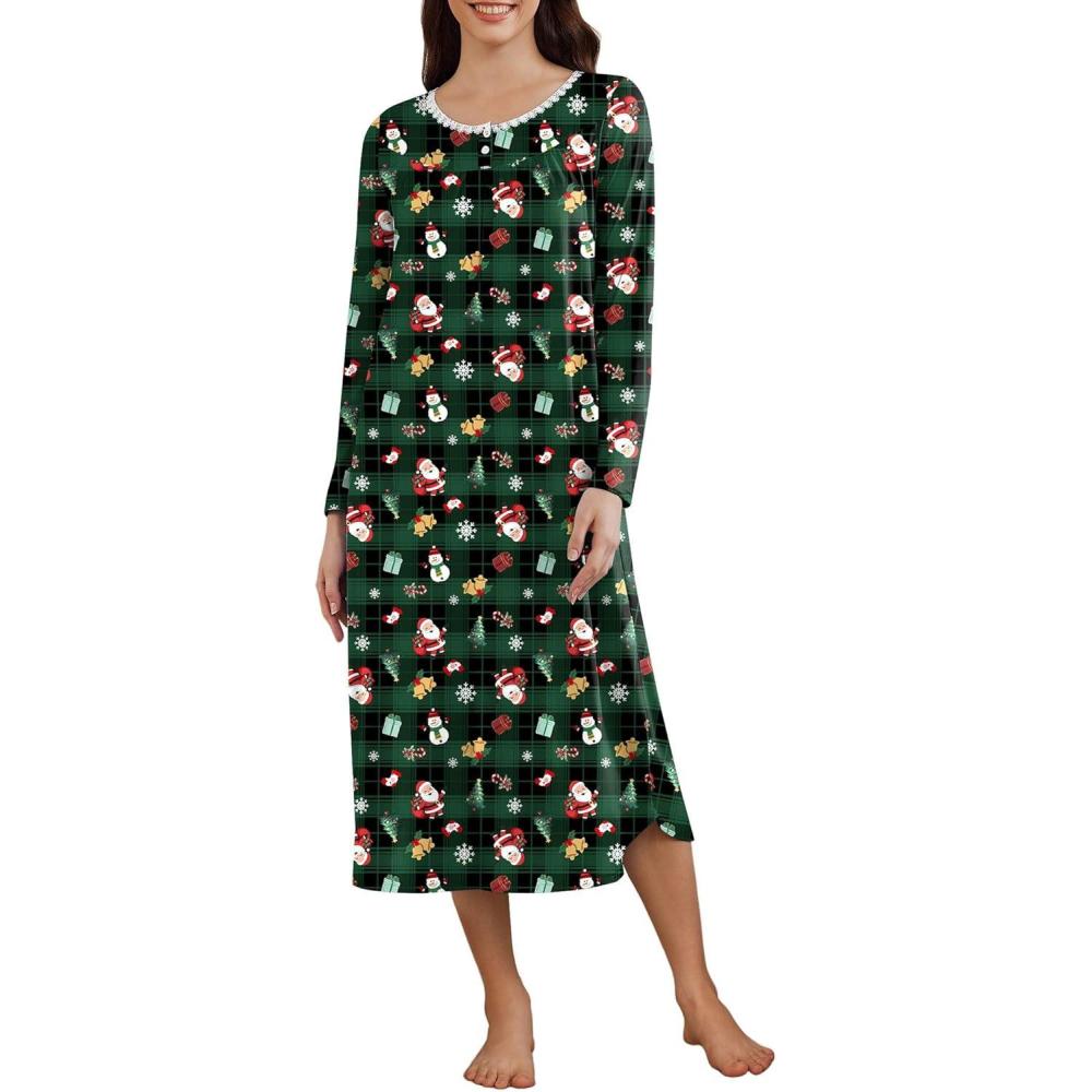 imageEkouaer Womens Long Sleeve Nightgown Long Sleepshirt Henley Nightgowns Full Length Sleep Dress with Pockets S3XLChristmas Green