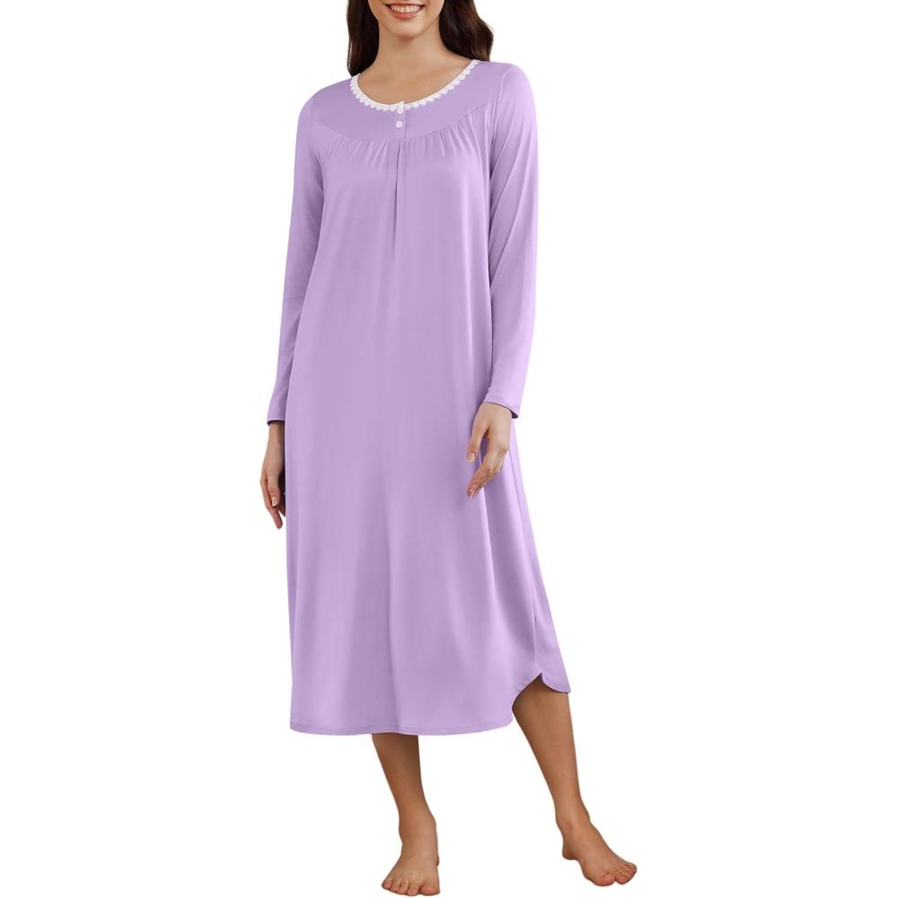 imageEkouaer Womens Long Sleeve Nightgown Long Sleepshirt Henley Nightgowns Full Length Sleep Dress with Pockets S3XLLight Purple