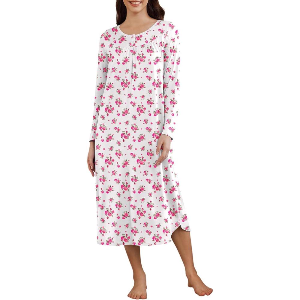 imageEkouaer Womens Long Sleeve Nightgown Long Sleepshirt Henley Nightgowns Full Length Sleep Dress with Pockets S3XLWhite and Pink