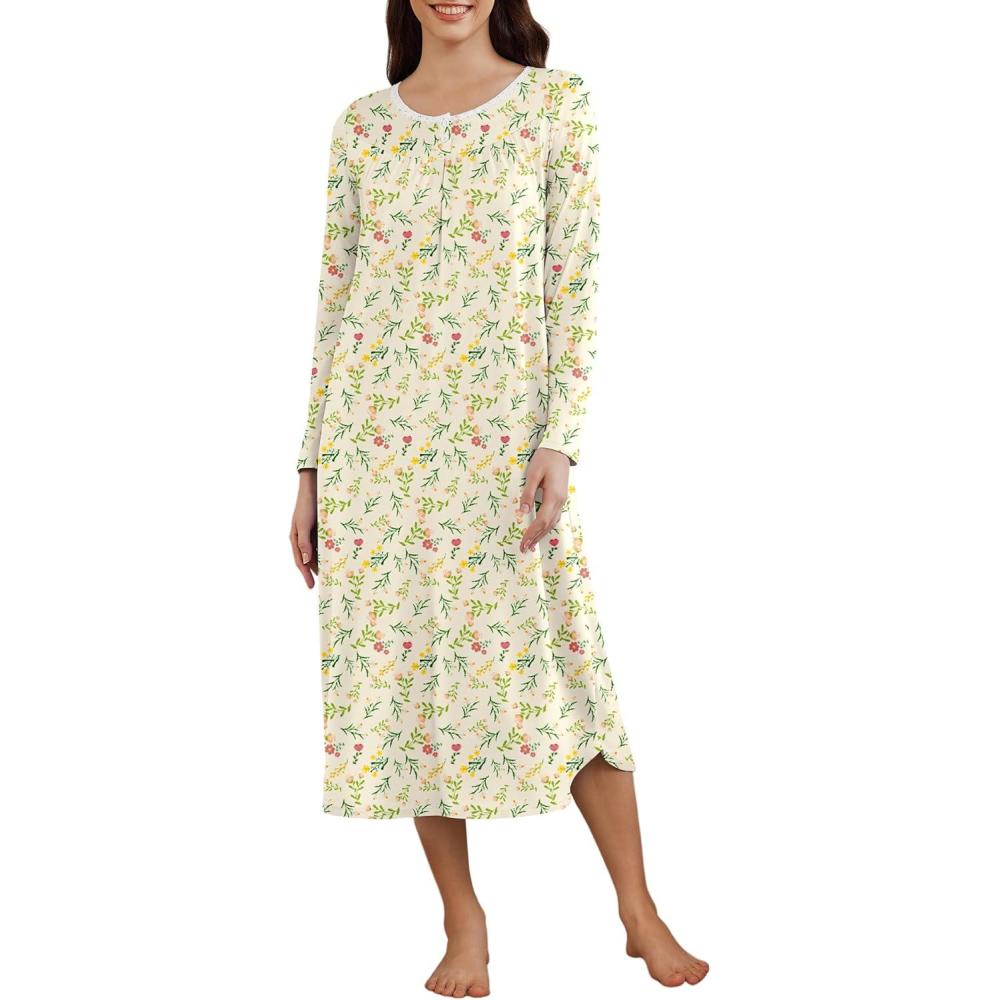 imageEkouaer Womens Long Sleeve Nightgown Long Sleepshirt Henley Nightgowns Full Length Sleep Dress with Pockets S3XLYellowe Leaf