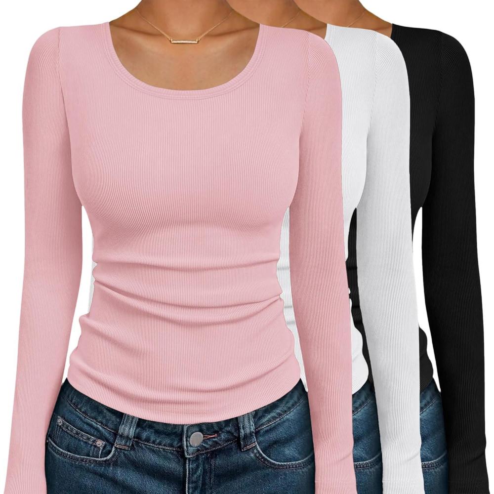 imageEkouaer Womens Long Sleeve Shirts 3 Packs Scoop Neck Ribbed Tops Fitted Thermal Undershirt Soft Layering Tees XSXXLBlackDirty PinkWhite