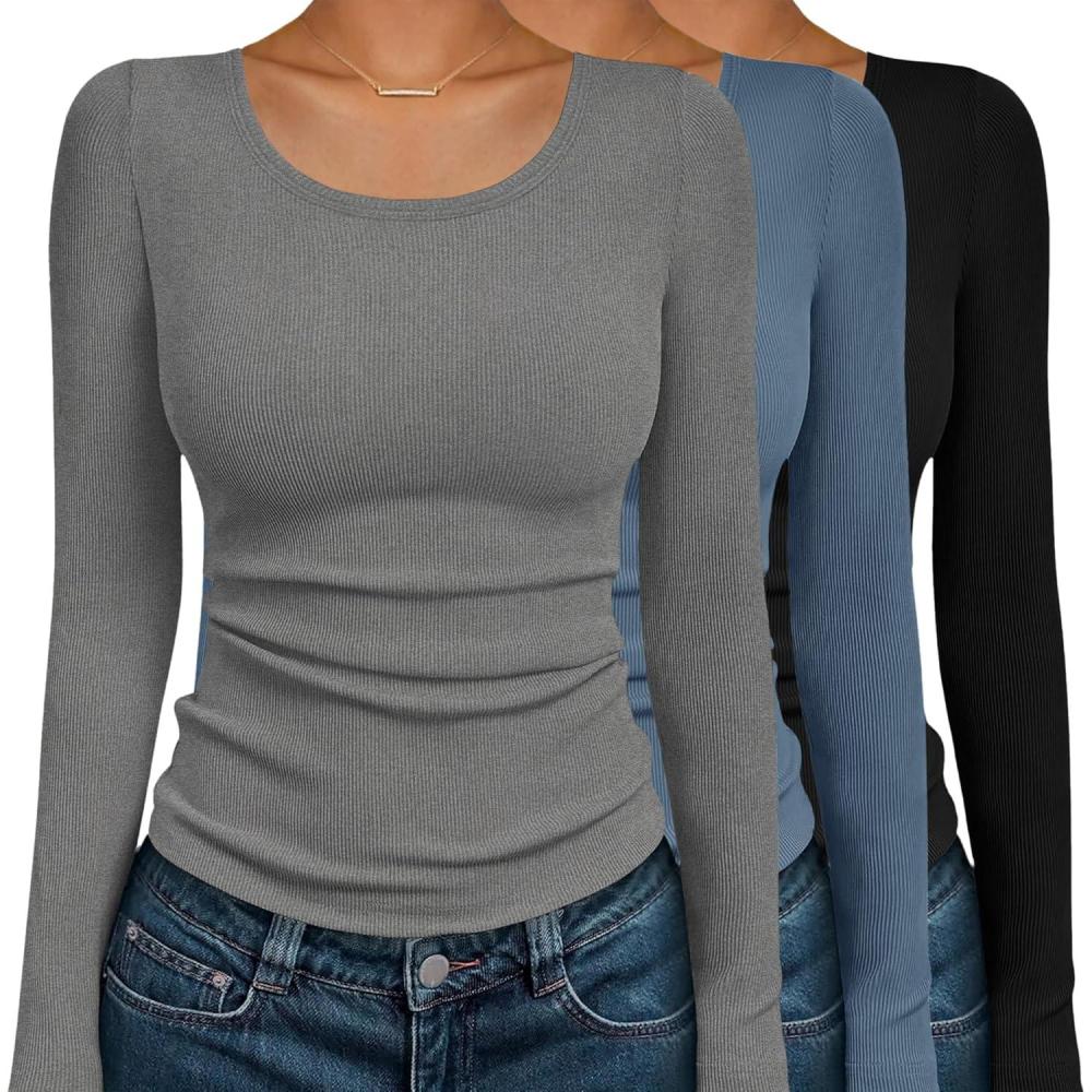 imageEkouaer Womens Long Sleeve Shirts 3 Packs Scoop Neck Ribbed Tops Fitted Thermal Undershirt Soft Layering Tees XSXXLBlackGrey BlueLight Grey
