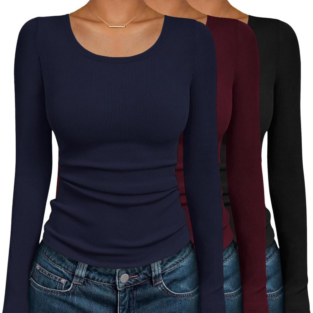 imageEkouaer Womens Long Sleeve Shirts 3 Packs Scoop Neck Ribbed Tops Fitted Thermal Undershirt Soft Layering Tees XSXXLBlackNavy BlueDark Red