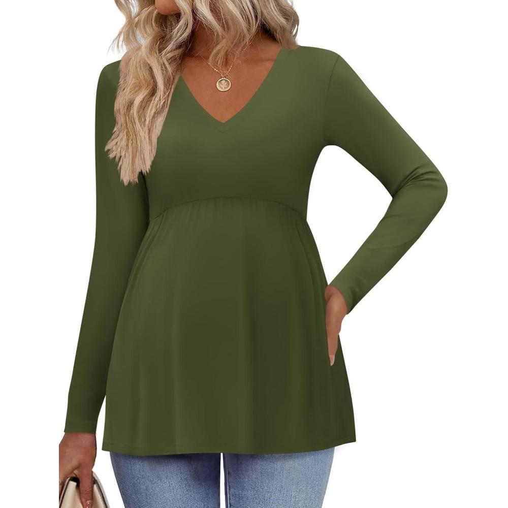 imageEkouaer Womens Maternity Shirts Long Sleeve Pregnancy Tops for Women V Neck Tunic Blouses ClothesArmy Green