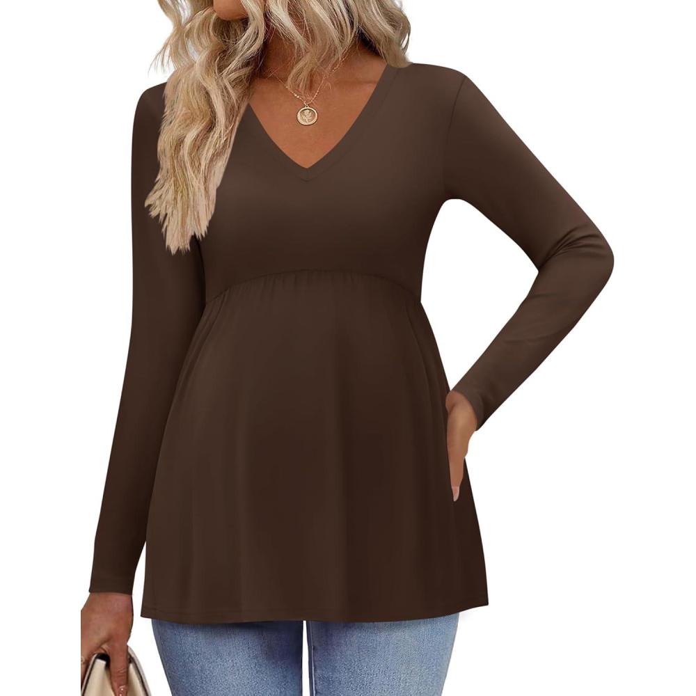 imageEkouaer Womens Maternity Shirts Long Sleeve Pregnancy Tops for Women V Neck Tunic Blouses ClothesBrown
