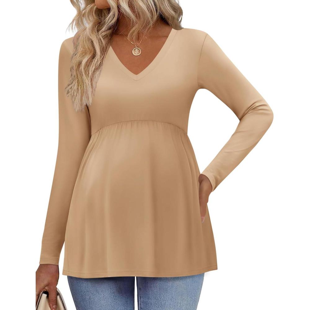 imageEkouaer Womens Maternity Shirts Long Sleeve Pregnancy Tops for Women V Neck Tunic Blouses ClothesKhaki