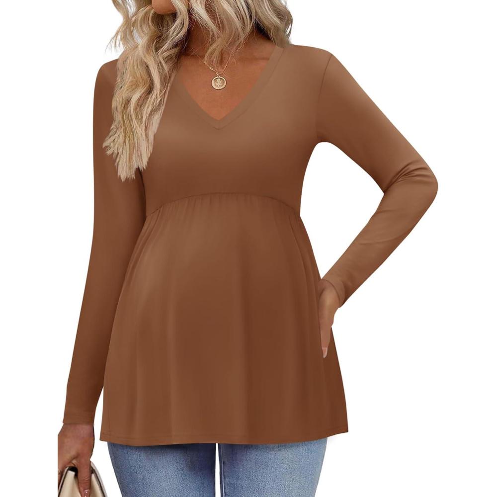 imageEkouaer Womens Maternity Shirts Long Sleeve Pregnancy Tops for Women V Neck Tunic Blouses ClothesLight Brown