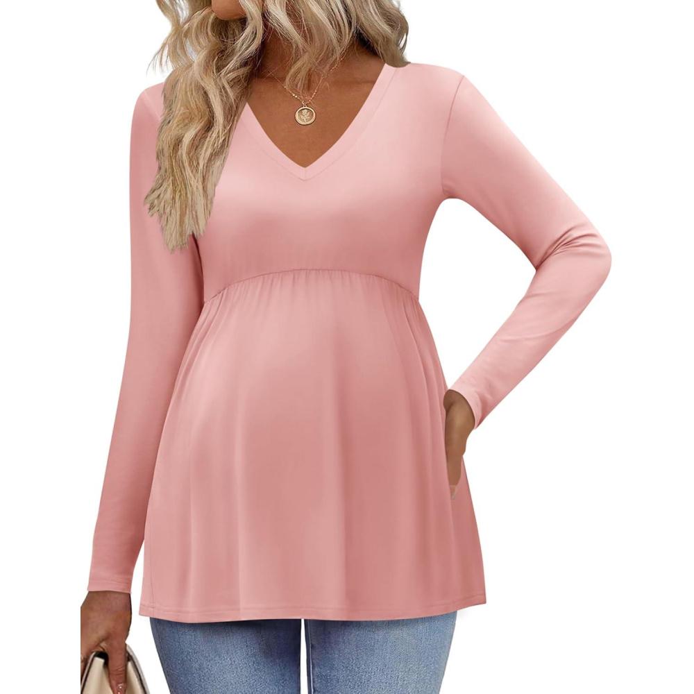 imageEkouaer Womens Maternity Shirts Long Sleeve Pregnancy Tops for Women V Neck Tunic Blouses ClothesPink