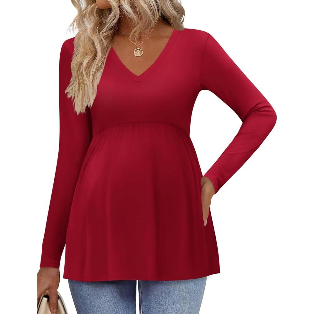 imageEkouaer Womens Maternity Shirts Long Sleeve Pregnancy Tops for Women V Neck Tunic Blouses ClothesWine Red