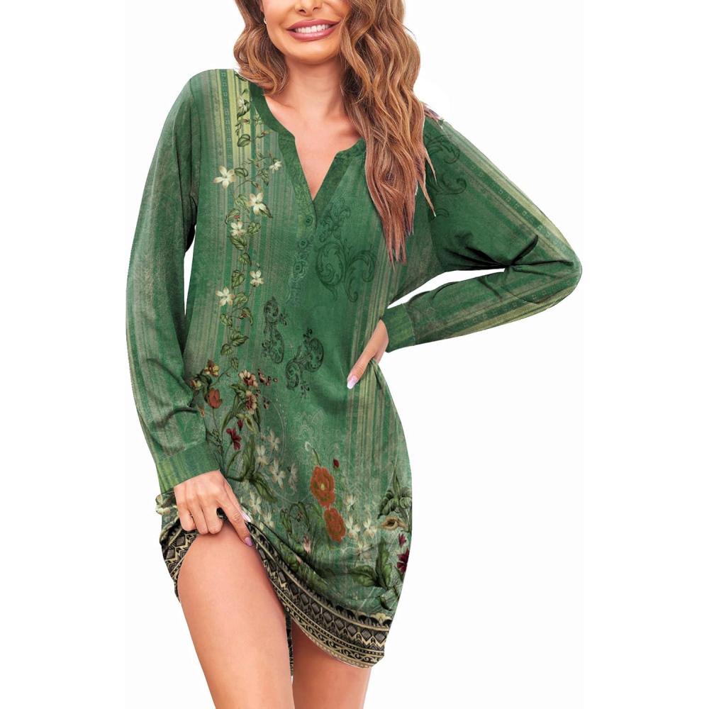 imageEkouaer Womens Nightgown Long Sleeve Sleepshirt Button Down Nightshirt V Neck Pajama Dress with Pockets SXXXLFloral Green