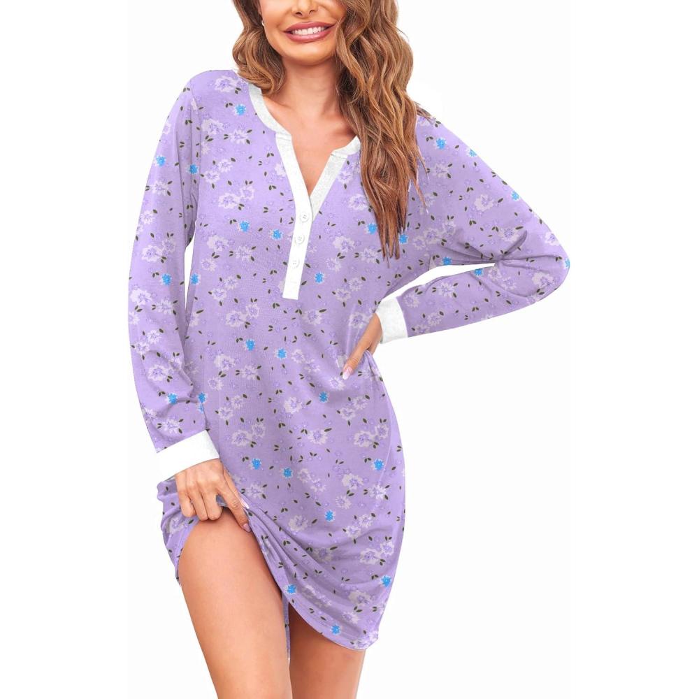 imageEkouaer Womens Nightgown Long Sleeve Sleepshirt Button Down Nightshirt V Neck Pajama Dress with Pockets SXXXLPurple Floral