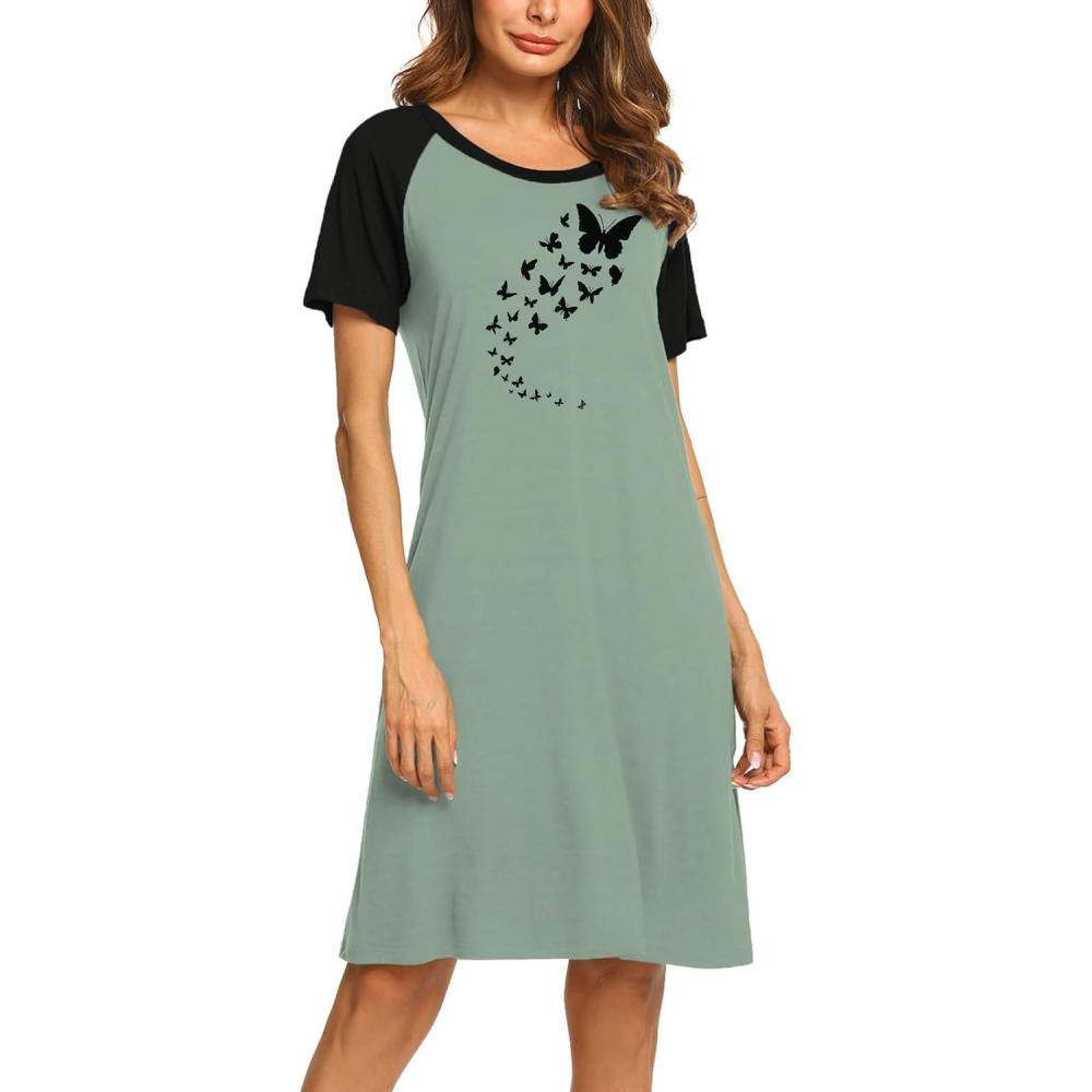 imageEkouaer Womens Nightgown Short Sleeve Night Dress Printed Sleepwear Soft Sleep Shirt S3XLAgreyish Greenbutterfly
