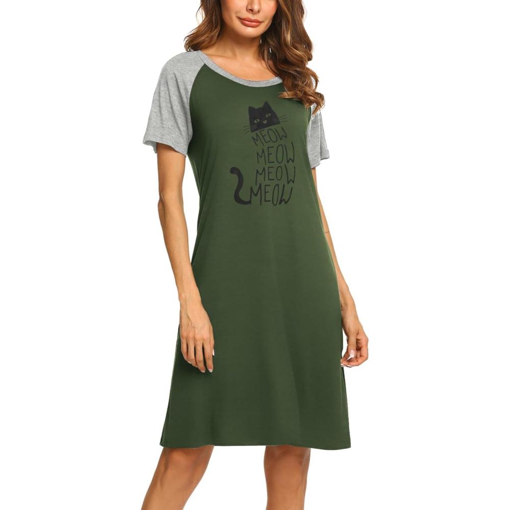 imageEkouaer Womens Nightgown Short Sleeve Night Dress Printed Sleepwear Soft Sleep Shirt S3XLArmy Green Cat
