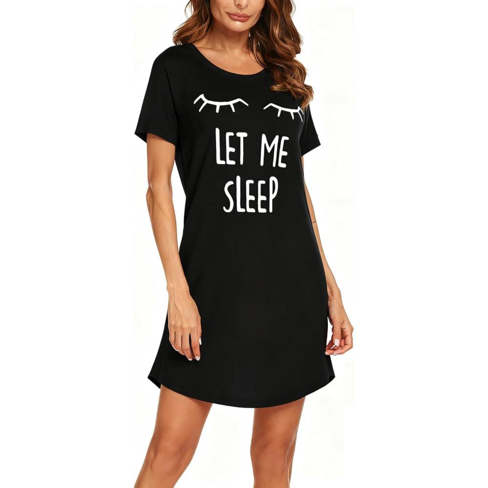 imageEkouaer Womens Nightgown Short Sleeve Night Dress Printed Sleepwear Soft Sleep Shirt S3XLBlack Sleep
