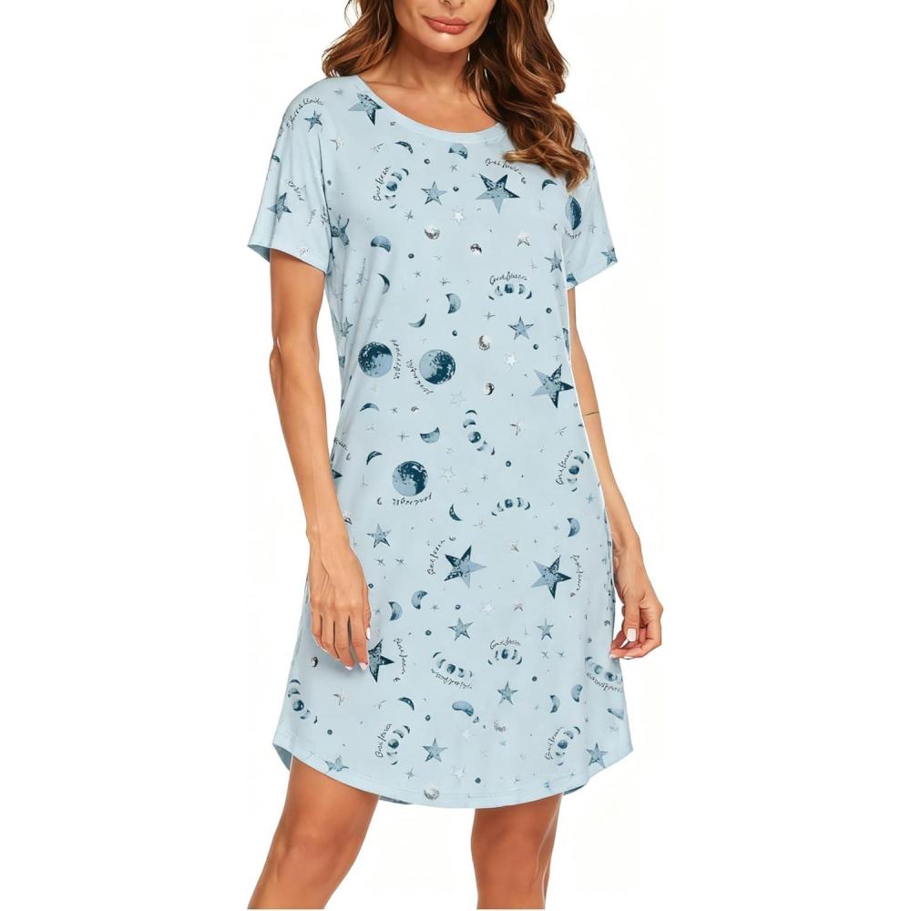imageEkouaer Womens Nightgown Short Sleeve Night Dress Printed Sleepwear Soft Sleep Shirt S3XLBlue Star