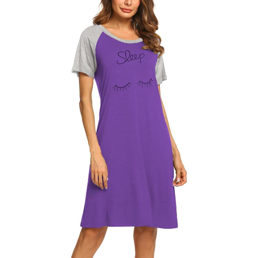 imageEkouaer Womens Nightgown Short Sleeve Night Dress Printed Sleepwear Soft Sleep Shirt S3XLBpurple