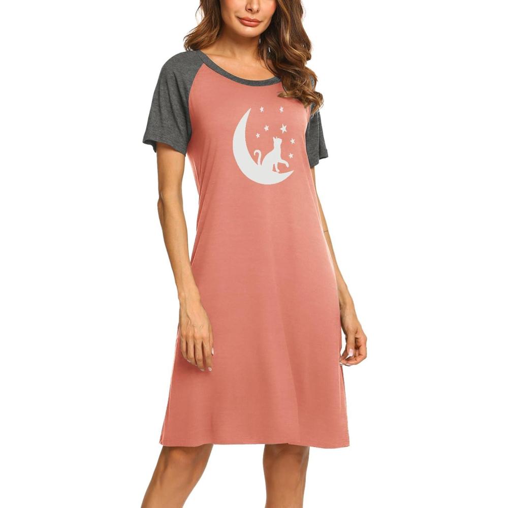imageEkouaer Womens Nightgown Short Sleeve Night Dress Printed Sleepwear Soft Sleep Shirt S3XLPinkmoon