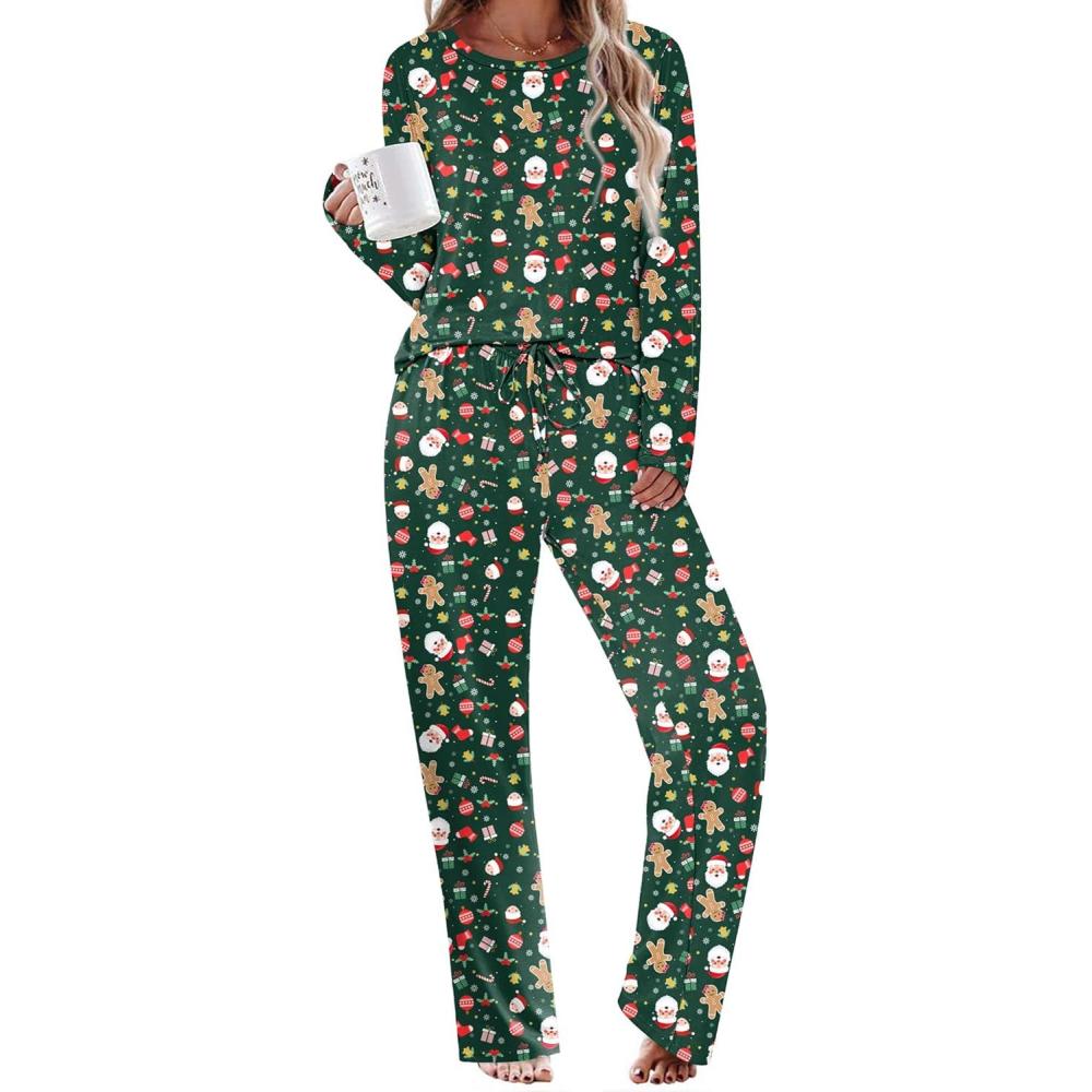 imageEkouaer Womens Pajama Sets 2 Piece Sleepwear Soft Pajamas Long Sleeve Pjs Comfy Loungewear SXXLChristmas Green Santa