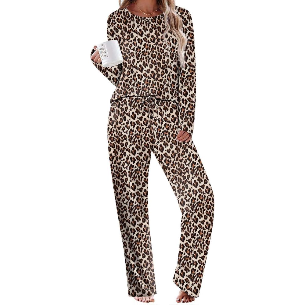 imageEkouaer Womens Pajama Sets 2 Piece Sleepwear Soft Pajamas Long Sleeve Pjs Comfy Loungewear SXXLLeopard