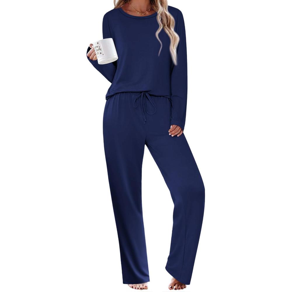 imageEkouaer Womens Pajama Sets 2 Piece Sleepwear Soft Pajamas Long Sleeve Pjs Comfy Loungewear SXXLNavy Blue