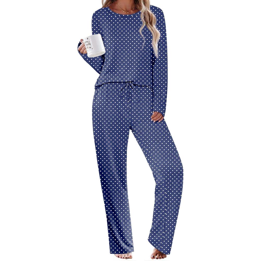 imageEkouaer Womens Pajama Sets 2 Piece Sleepwear Soft Pajamas Long Sleeve Pjs Comfy Loungewear SXXLNavy Dots