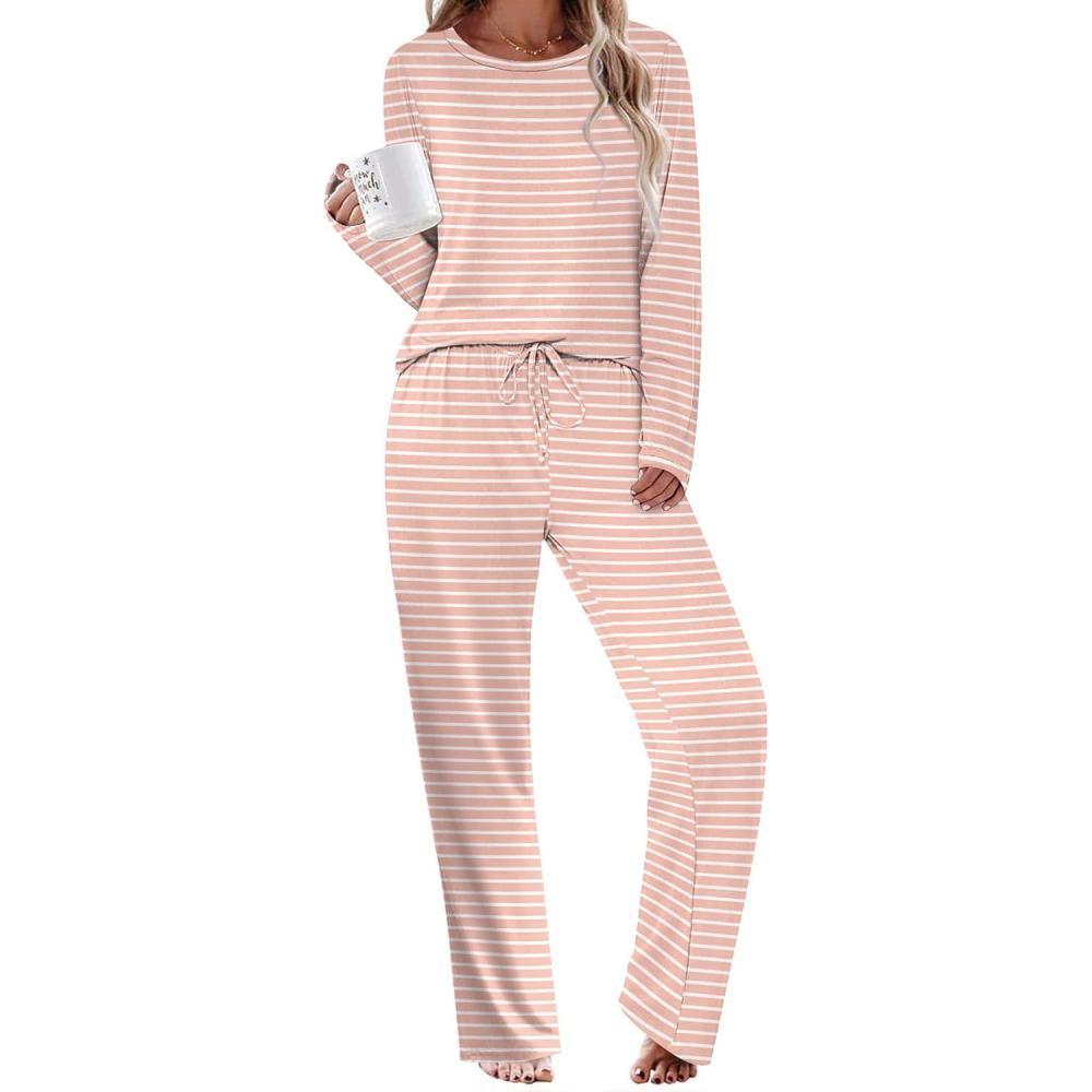 imageEkouaer Womens Pajama Sets 2 Piece Sleepwear Soft Pajamas Long Sleeve Pjs Comfy Loungewear SXXLPink Stripe