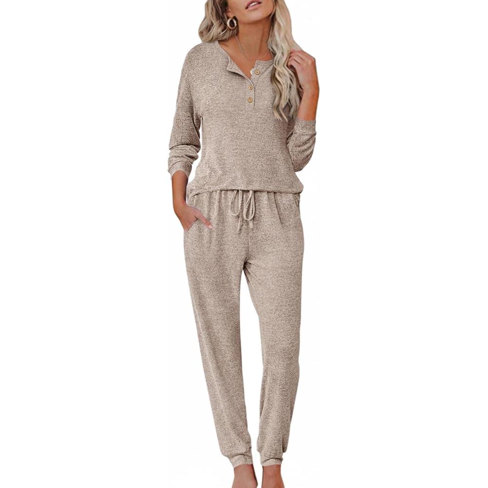 imageEkouaer Womens Pajama Sets Long Sleeve Lounge Set 2 Piece Pj Sets for Women Henley Neck Casual Sleepwear Loungewear SXXLKhaki