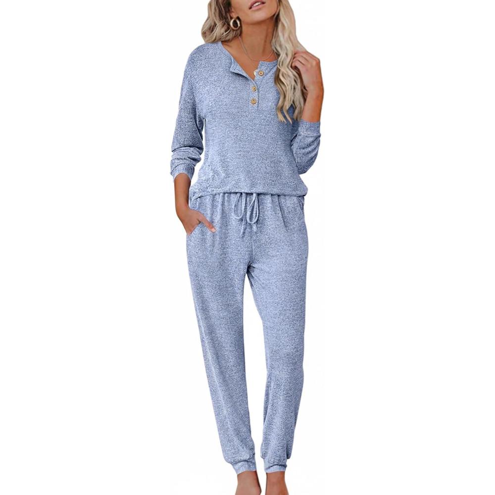 imageEkouaer Womens Pajama Sets Long Sleeve Lounge Set 2 Piece Pj Sets for Women Henley Neck Casual Sleepwear Loungewear SXXLLight Blue