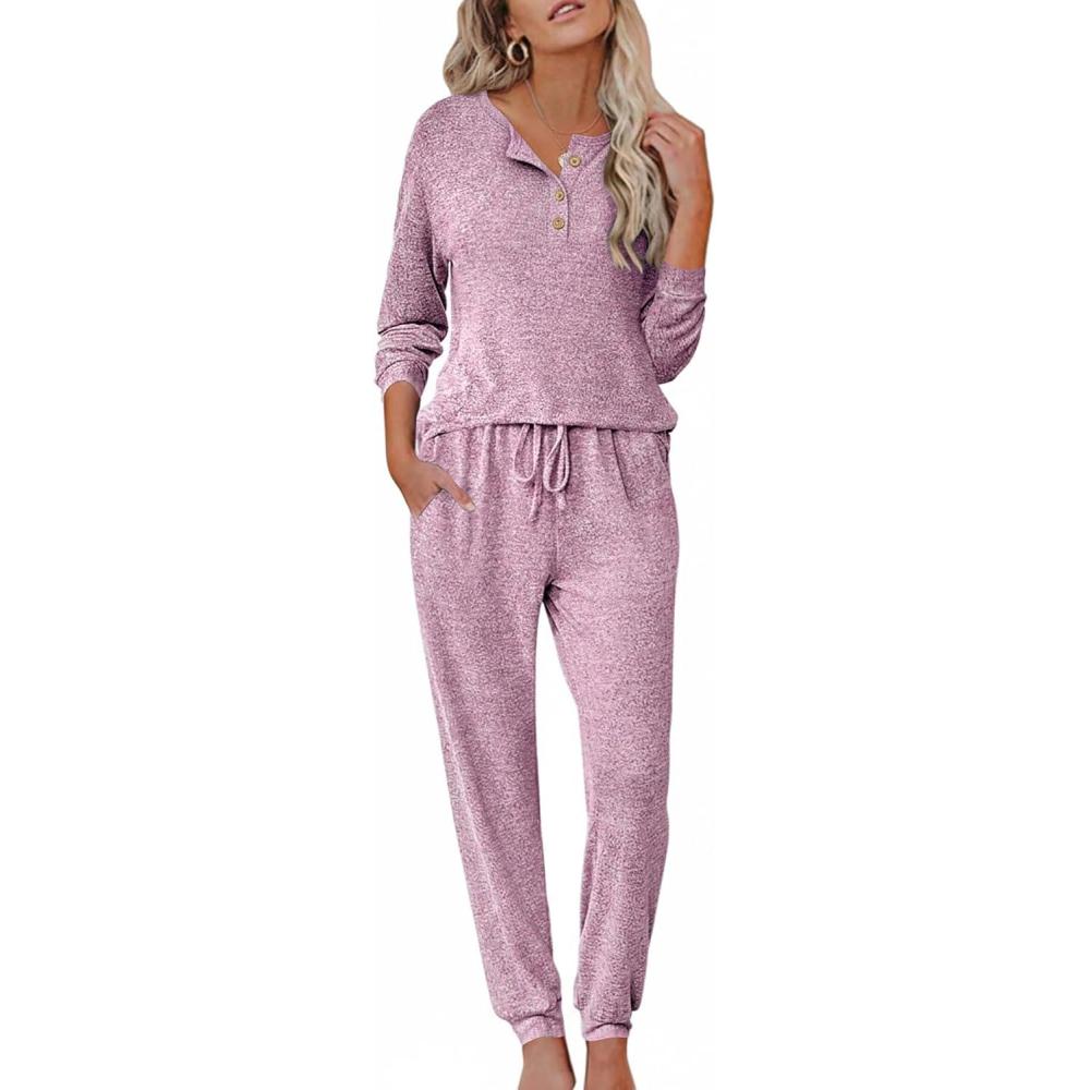 imageEkouaer Womens Pajama Sets Long Sleeve Lounge Set 2 Piece Pj Sets for Women Henley Neck Casual Sleepwear Loungewear SXXLPurple
