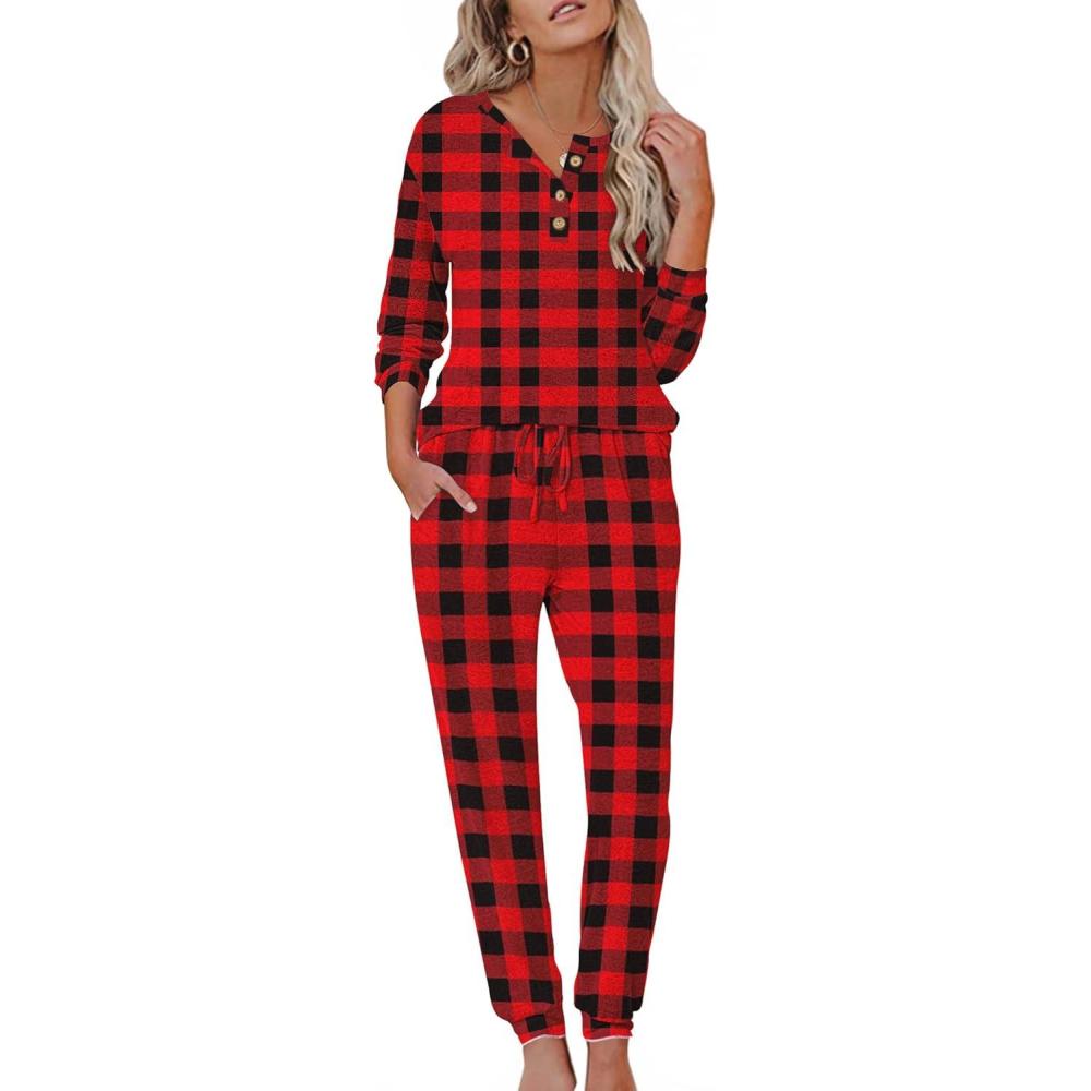 imageEkouaer Womens Pajama Sets Long Sleeve Lounge Set 2 Piece Pj Sets for Women Henley Neck Casual Sleepwear Loungewear SXXLRed and Black Plaid