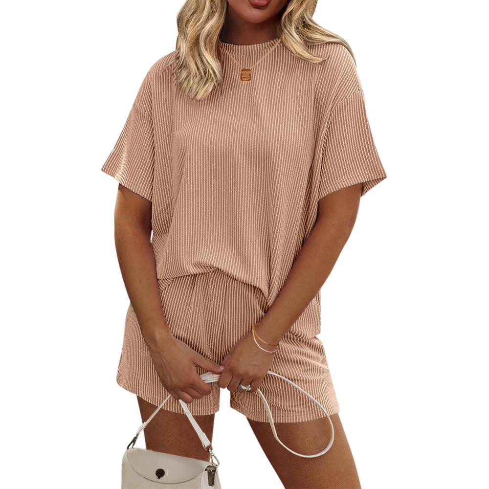 imageEkouaer Womens Pajama Sets Short Sleeve Lounge Sets 2 Piece Pjs Tops and Shorts Outfits Matching Loungewear with PocketsBrown