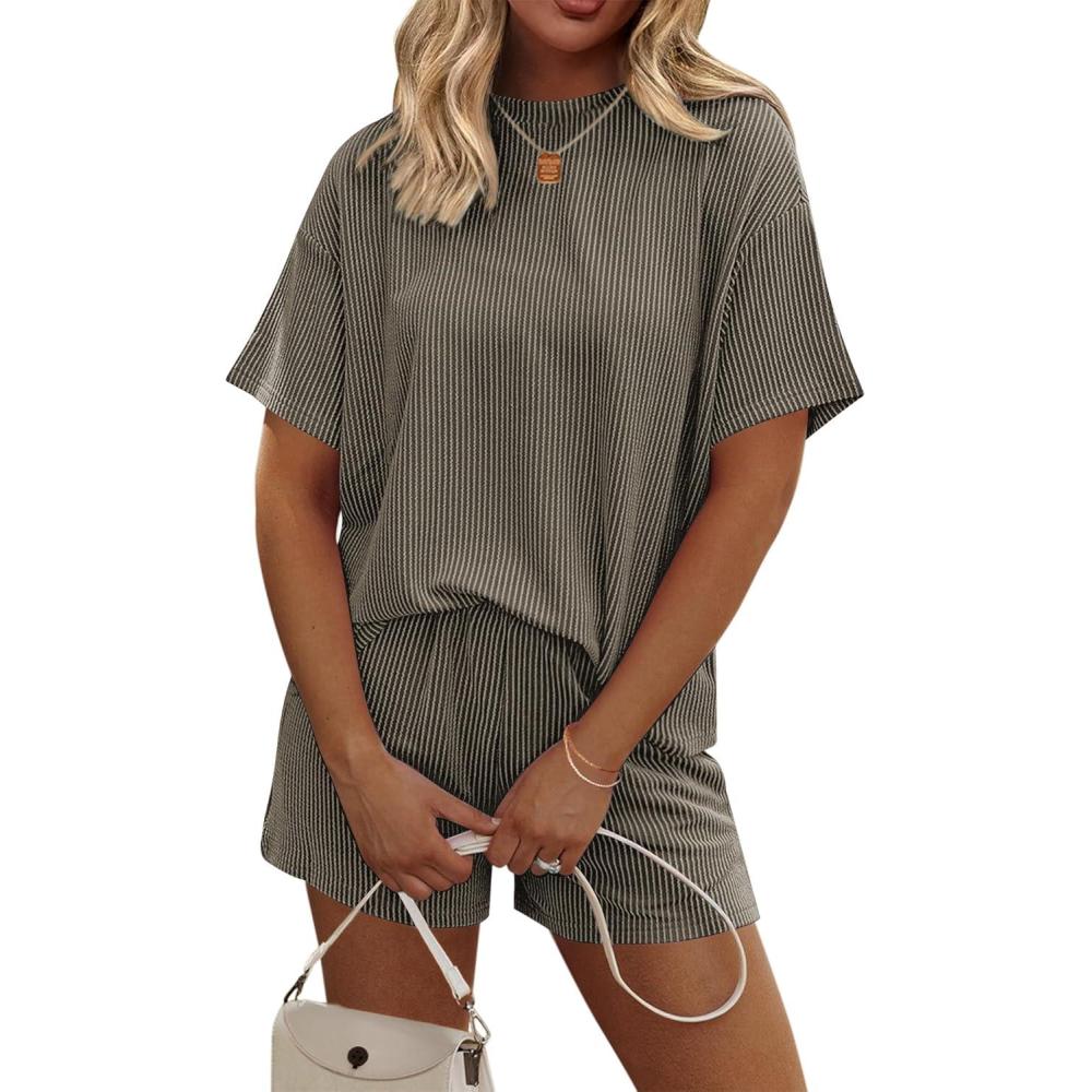 imageEkouaer Womens Pajama Sets Short Sleeve Lounge Sets 2 Piece Pjs Tops and Shorts Outfits Matching Loungewear with PocketsDark Olive Green