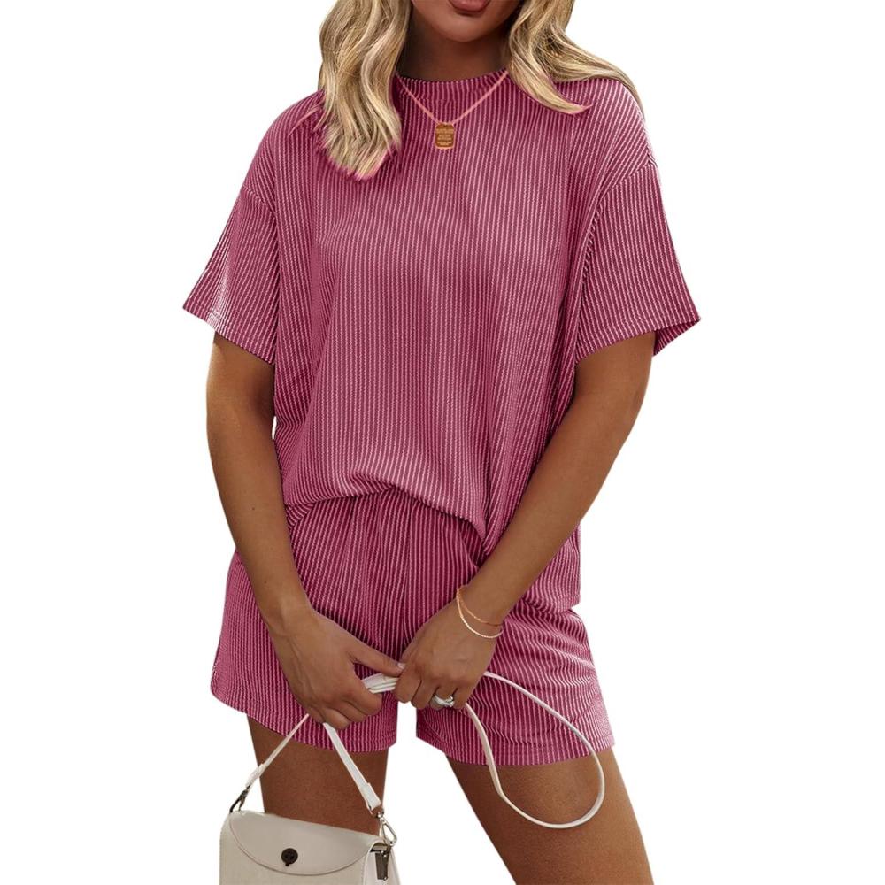 imageEkouaer Womens Pajama Sets Short Sleeve Lounge Sets 2 Piece Pjs Tops and Shorts Outfits Matching Loungewear with PocketsDark Pink