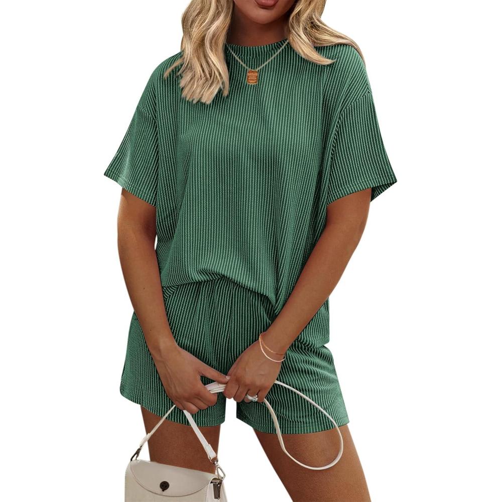 imageEkouaer Womens Pajama Sets Short Sleeve Lounge Sets 2 Piece Pjs Tops and Shorts Outfits Matching Loungewear with PocketsForestgreen