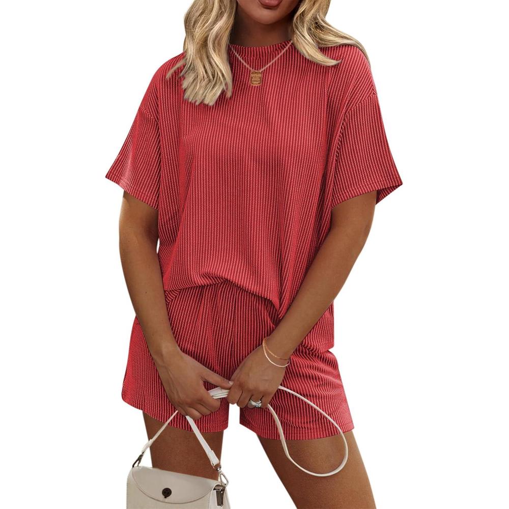 imageEkouaer Womens Pajama Sets Short Sleeve Lounge Sets 2 Piece Pjs Tops and Shorts Outfits Matching Loungewear with PocketsRed