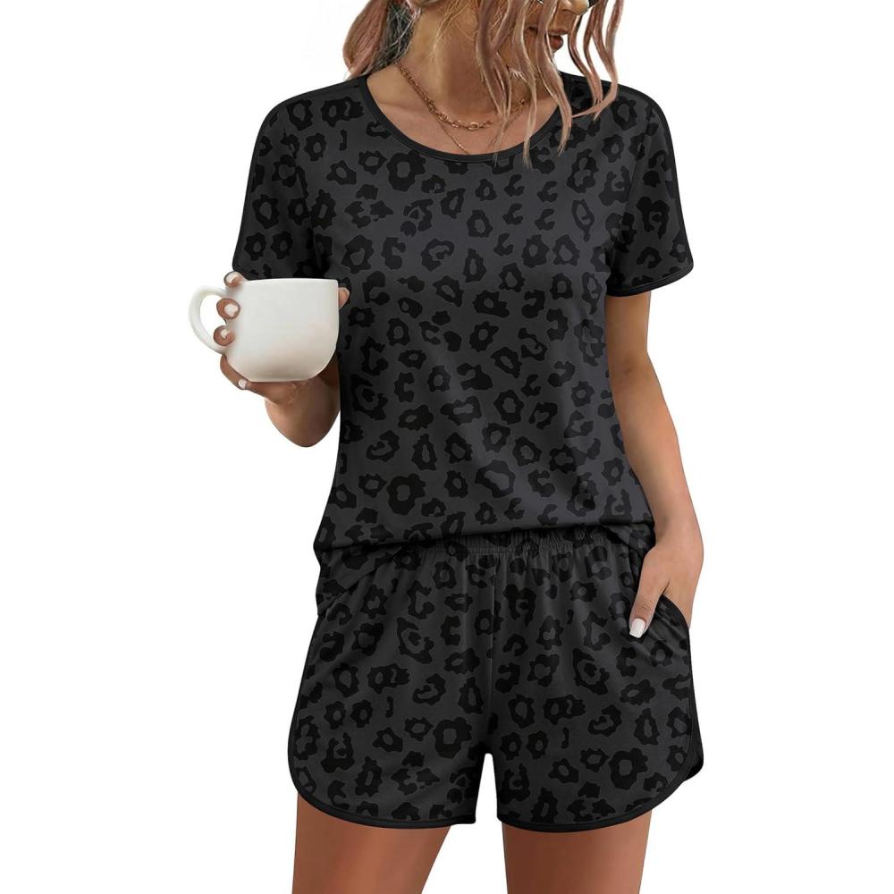 imageEkouaer Womens Pajama Sets Short Sleeve Sleepwear Soft Pjs Sets Round Neck Summer 2 Piece Lounge Set with Pockets SXXLBlack Leopard Print