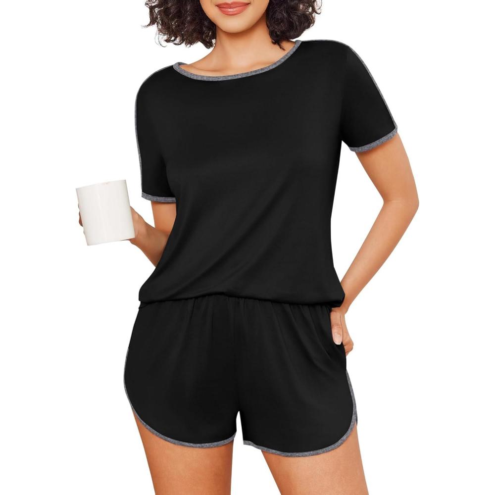 imageEkouaer Womens Pajama Sets Short Sleeve Sleepwear Soft Pjs Sets Round Neck Summer 2 Piece Lounge Set with Pockets SXXLBlack With Grey Piping