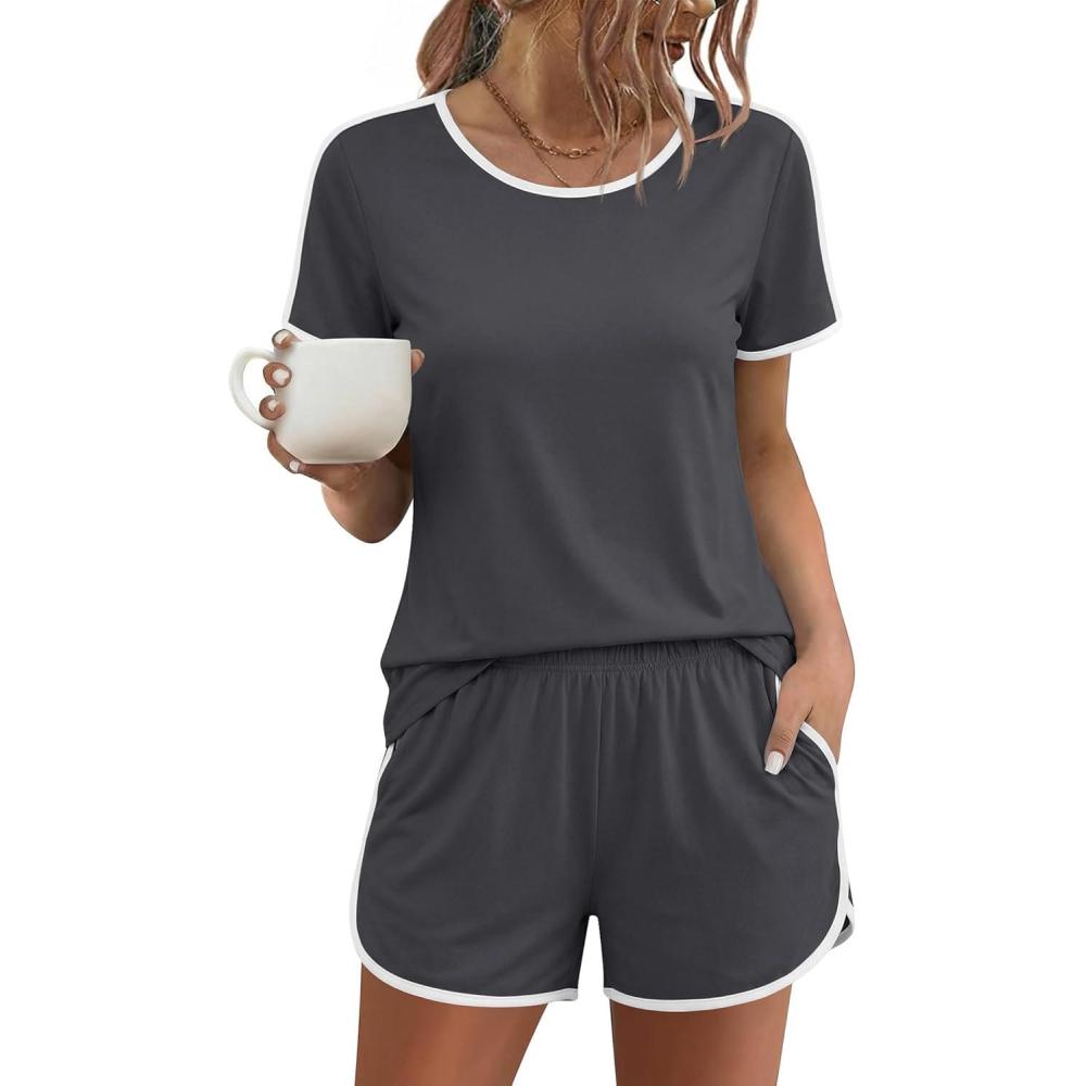 imageEkouaer Womens Pajama Sets Short Sleeve Sleepwear Soft Pjs Sets Round Neck Summer 2 Piece Lounge Set with Pockets SXXLDark Grey