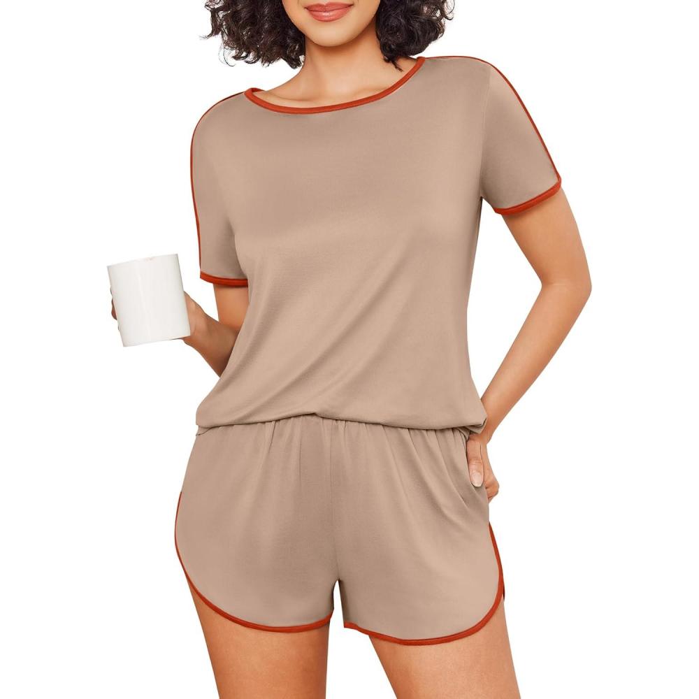 imageEkouaer Womens Pajama Sets Short Sleeve Sleepwear Soft Pjs Sets Round Neck Summer 2 Piece Lounge Set with Pockets SXXLKhaki