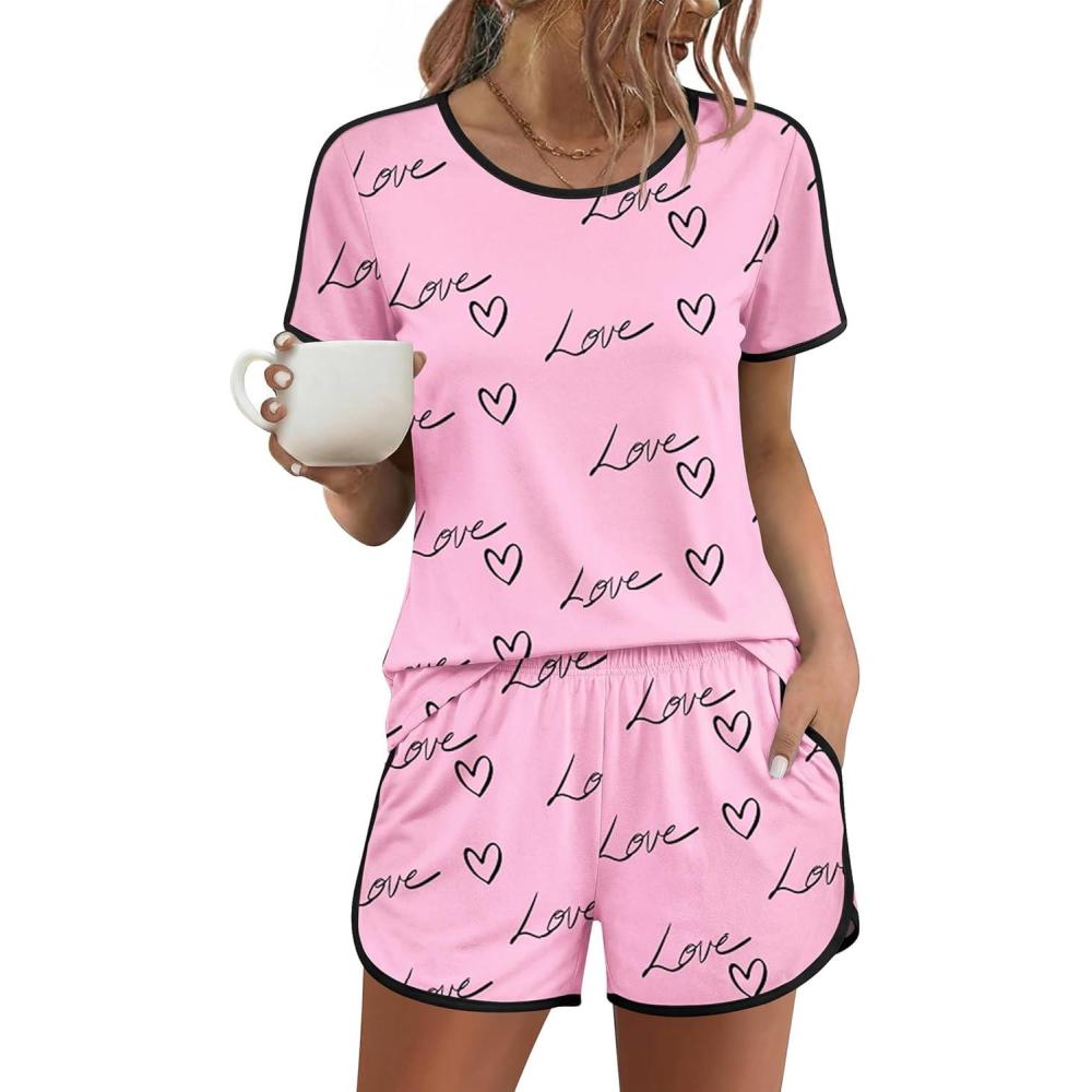 imageEkouaer Womens Pajama Sets Short Sleeve Sleepwear Soft Pjs Sets Round Neck Summer 2 Piece Lounge Set with Pockets SXXLPink  Heart and Love