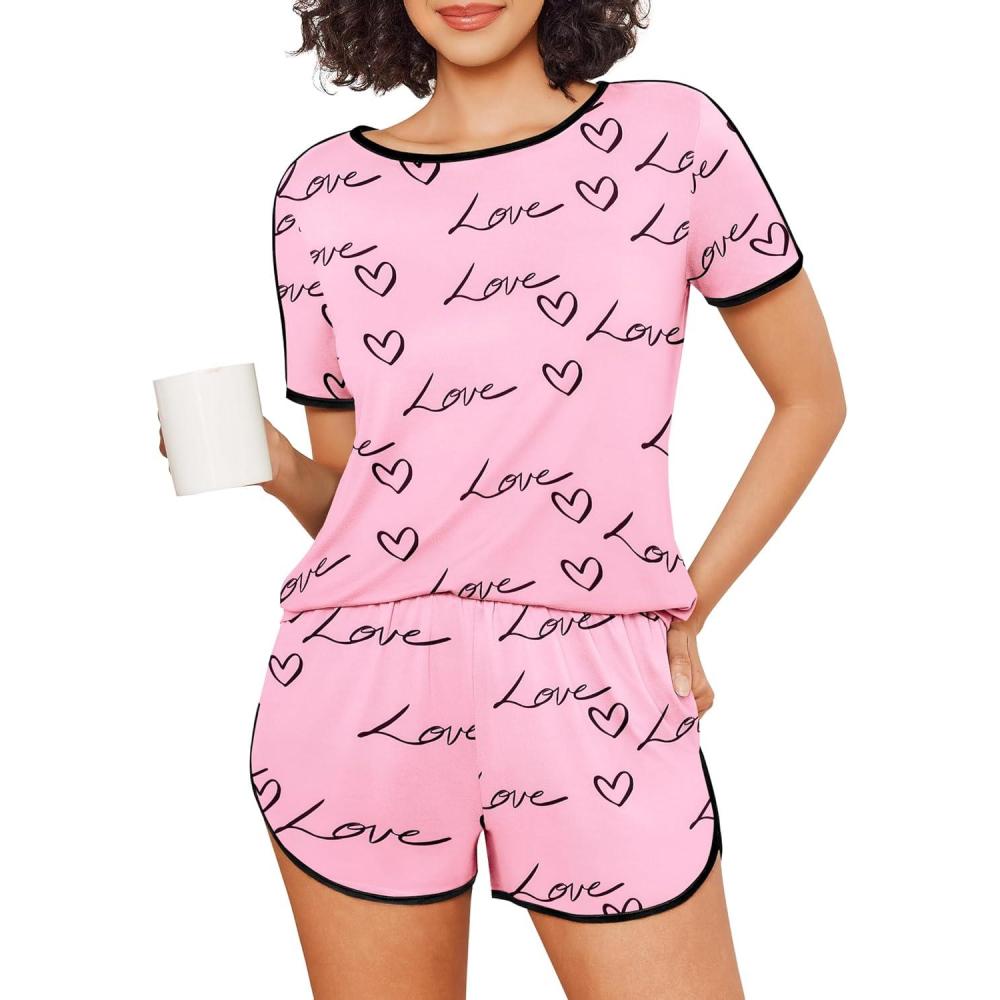 imageEkouaer Womens Pajama Sets Short Sleeve Sleepwear Soft Pjs Sets Round Neck Summer 2 Piece Lounge Set with Pockets SXXLPink Love