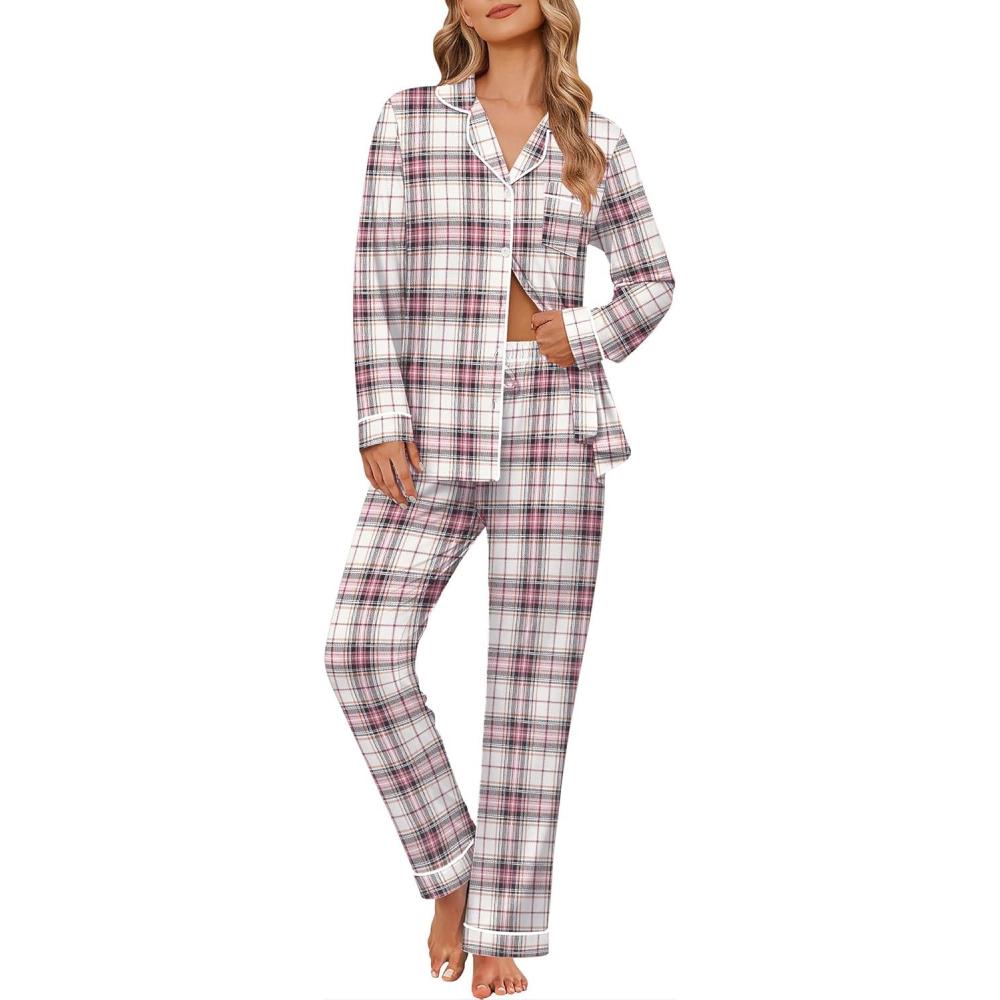 imageEkouaer Womens Pajama Sets Soft Button Down Pj Sets 2 piece Long Sleeve and Pants Loungewear Set SXXLLight Pink Plaid